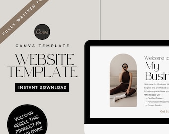 May include: A Canva website template design with the text "WEBSITE TEMPLATE" and "INSTANT DOWNLOAD". The image includes a computer screen displaying a website design. Text on the image says "YOU CAN RESELL THIS PRODUCT AS YOUR OWN!"