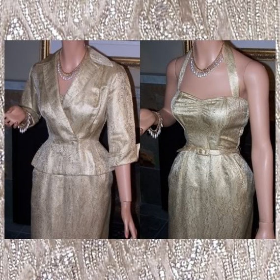 40's Gold Damask Wiggle Bombshell Halter Vintage D