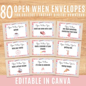 Afdrukbare open wanneer enveloppen voor studenten, studentenzorgpakket, college gaat weg cadeaulabels, bewerkbare open wanneer brieven
