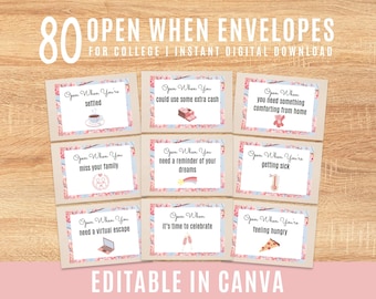 Printable Open When Envelopes for College Students, College Student Care Package, College Going Away Gift Labels, Editable Open When Letters