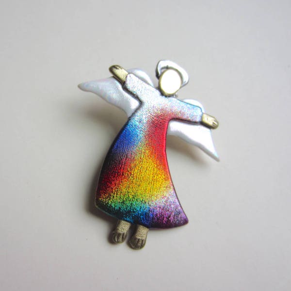 Angel with spread wings in rainbow dress pin brooch