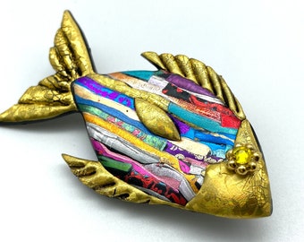 Whimsical Tropical fish pin brooch in multicolors with gold