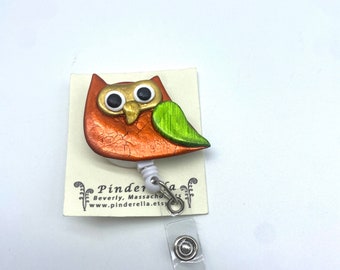 Owl Badge Reel ID Holder Whimsical Owl in orange and iridescent green alligator or belt/slide clip OR Brooch/Pin!