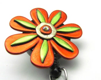 Flower Badge Reel in Orange and chartreuse green alligator or belt clip OR Brooch/Pin