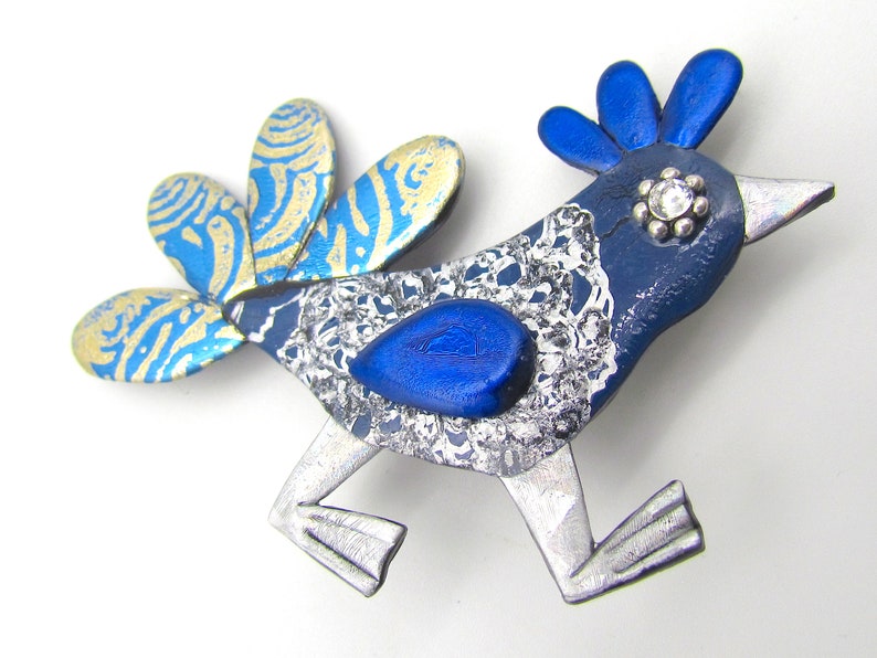silver Wacky Bird Chicken Pin in Blue and gold brooch