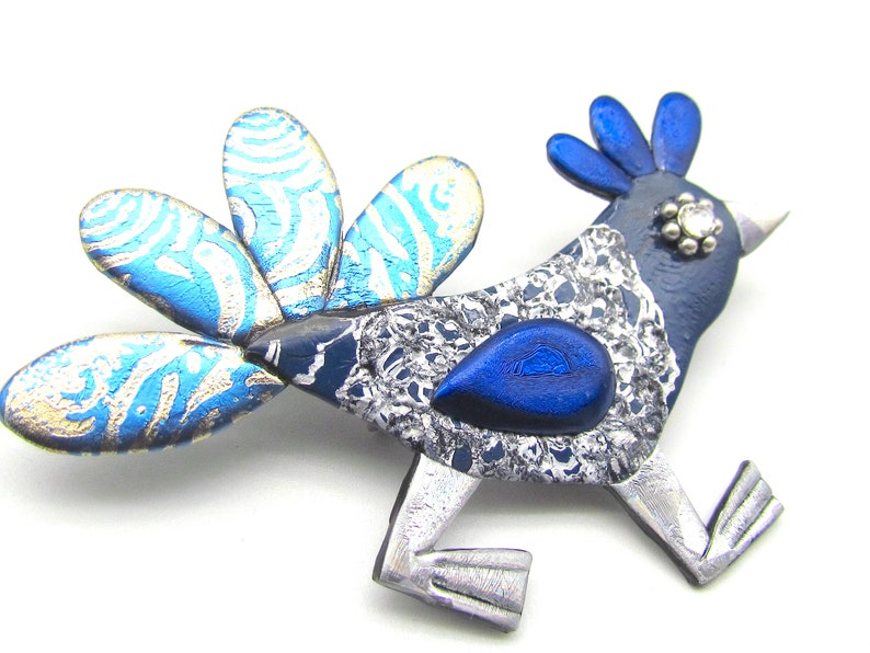 silver Wacky Bird Chicken Pin in Blue and gold brooch