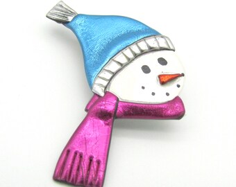 Snowman with blue stocking cap and fuchsia  scarf pin, winter jewelry