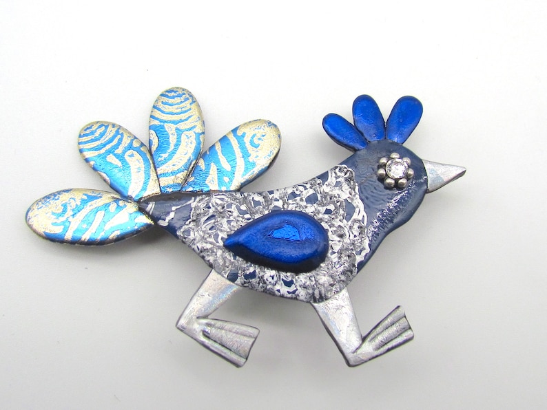 silver Wacky Bird Chicken Pin in Blue and gold brooch