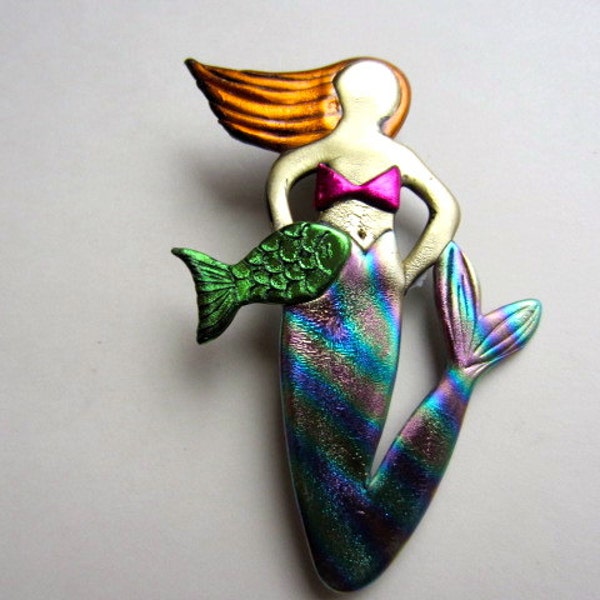 mermaid brooch with chartreuse green fish and rainbow tail pin