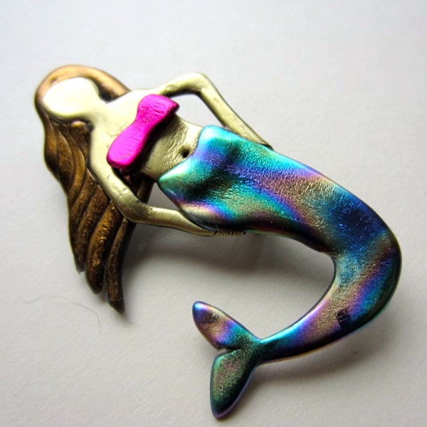 Mermaid with shimmering rainbow tail pin brooch