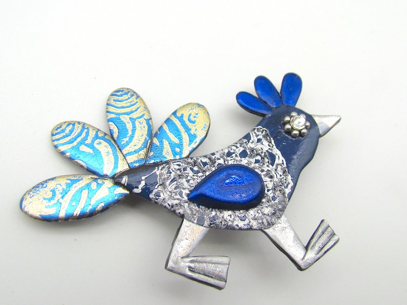 silver Wacky Bird Chicken Pin in Blue and gold brooch