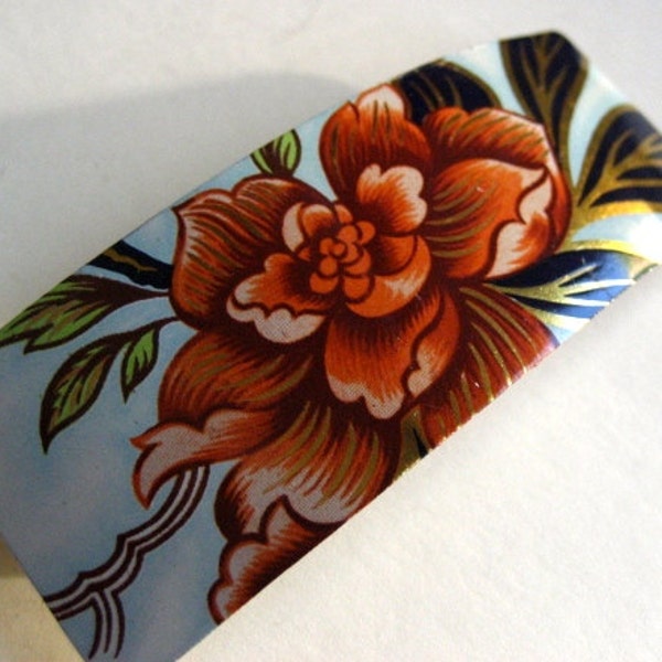 Vintage Tin Floral Botanical Pattern Barrette Hair Clip in rust, black, and gold