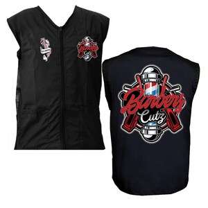 May include: Black barber vest with a zipper closure and pockets. The front features two patches with barber-themed graphics and text. The back of the vest displays a large graphic with the words "Barbers Cutz" and a barber pole design.