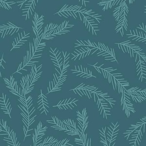 May include: Seafoam green pine branches on a teal blue background. The branches are drawn in a simple, hand-drawn style.