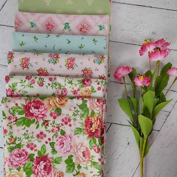 Serene Garden fabrics by Mary Jane Carey for Henry Glass Fabric Shabby Chic Cottage Core  Cotton Pink Quilting Fabrics 7 fat quarters