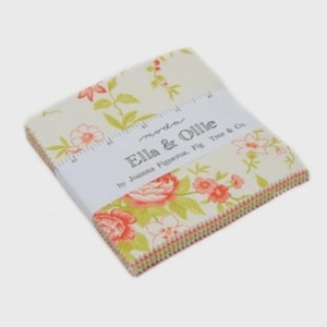 May include: A stack of fabric squares with a floral pattern in shades of cream, coral, and green. The fabric is labeled "Ella & Ollie" by Joanna Figueroa, Fig Tree & Co. The edges of the squares are visible, showing a variety of floral designs.
