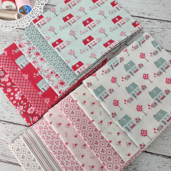 MY SUMMER HOUSE by Anne Sutton of Bunny Hill Designs for Moda Fabric Cotton Blue Red Quilting Fabrics 13 fat quarters = 3.25 yards