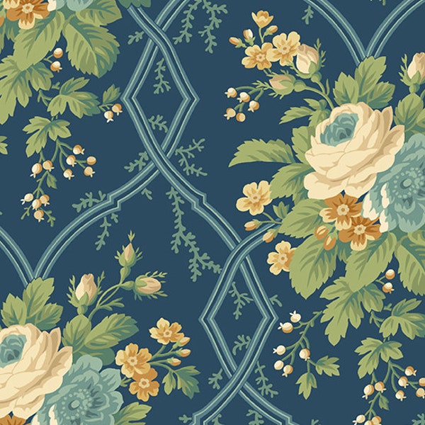 TRELLIS BOUQUET Agatha's Garden Kathy Hall Andover Blue Floral Fabric Quilting Cotton ~ A-9316-B ~ per yard