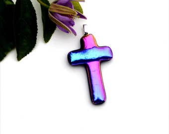 Fused dichroic glass pendant, cross, bright pink, blue and purple