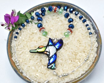Hummingbird pendant, fused dichroic glass, dark blue, silver, yellow, red, green, beaded necklace