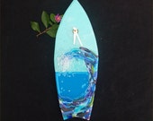 Wall clock,hanging, fused glass, wave, surfboard, blue, ocean