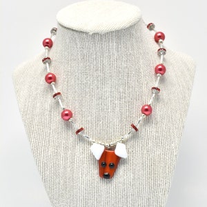 Fused glass dog pendant, red, white, beaded necklace image 6