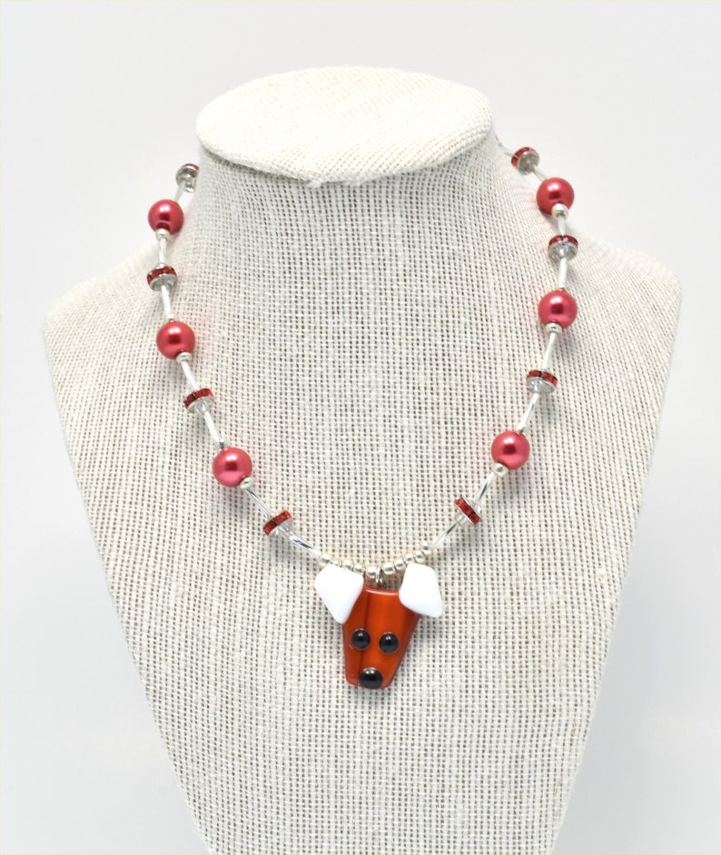 Fused glass dog pendant, red, white, beaded necklace image 6