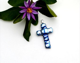 Fused dichroic glass pendant, cross, light blue, silver