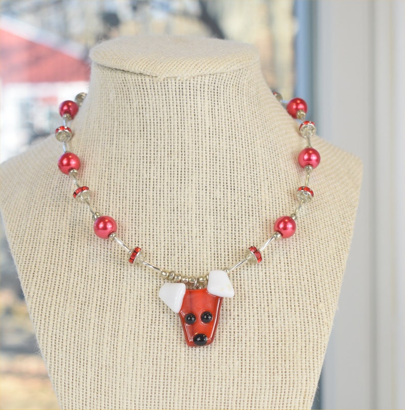 Fused glass dog pendant, red, white, beaded necklace image 8