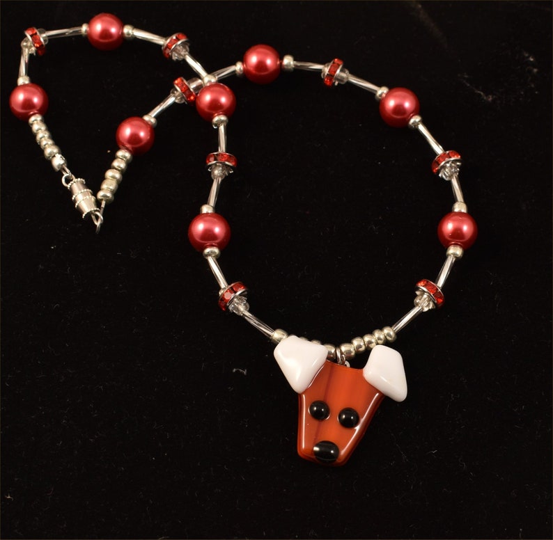 Fused glass dog pendant, red, white, beaded necklace image 5