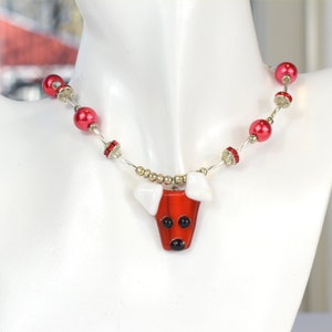 Fused glass dog pendant, red, white, beaded necklace image 2
