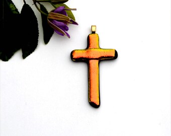Fused dichroic glass pendant, cross, bright orange pastel