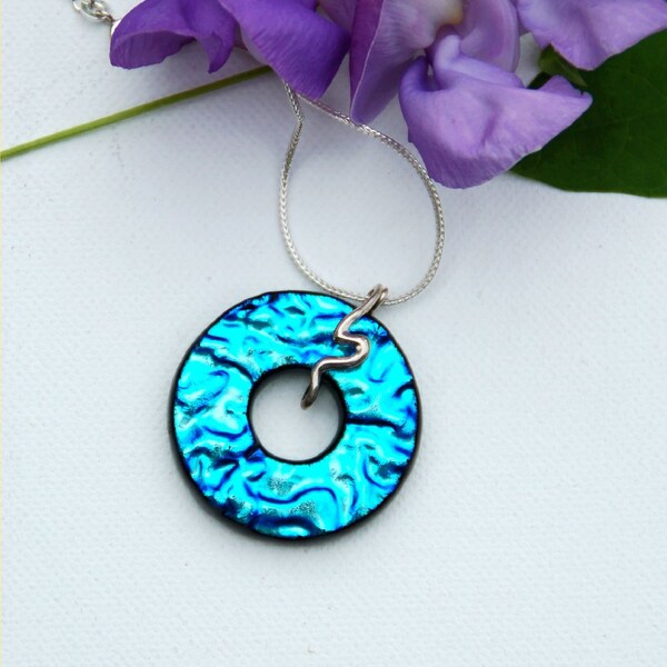 Fused dichroic glass pendant blue donut