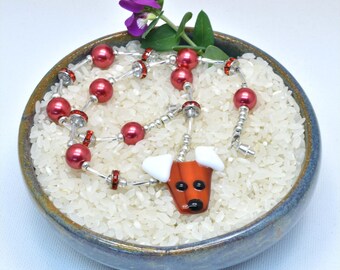 Fused glass dog pendant, red, white, beaded necklace