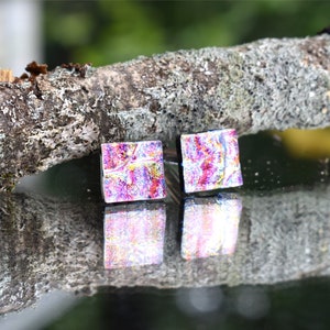 Cuff links, fused dichroic glass, square, pink with yellow and blue