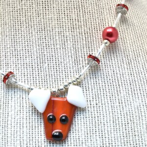 Fused glass dog pendant, red, white, beaded necklace image 4