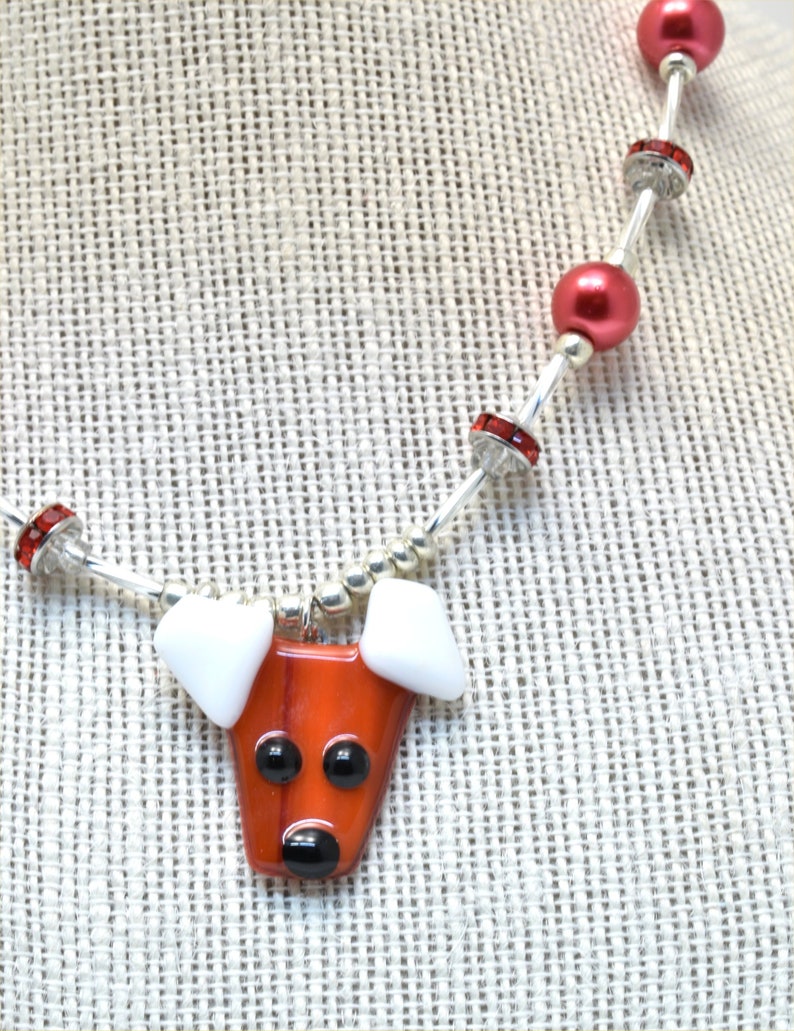 Fused glass dog pendant, red, white, beaded necklace image 4