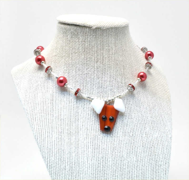 Fused glass dog pendant, red, white, beaded necklace image 3