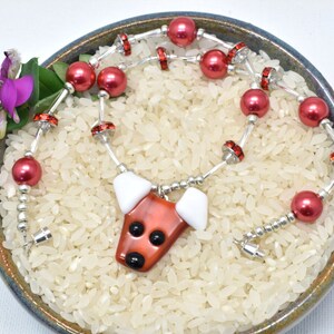 Fused glass dog pendant, red, white, beaded necklace image 7