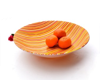 Fused glass art plate, orange yellow, red white and light brown stripes,  home decor, kitchen, dining, large