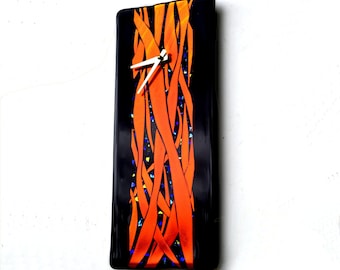 Wall clock, fused dichroic glass, wave, rectangle, red and orange multiple strands with multicolor small bits
