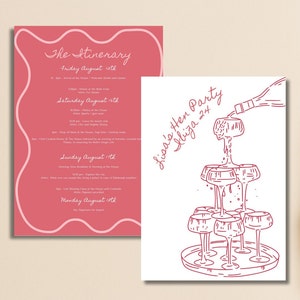 May include: A pink and white itinerary for a hen party in Ibiza. The itinerary includes a list of activities for each day of the trip, including arrival, dinner, a trip to a beach club, a cooked dinner, and a morning breakfast. The image also includes a hand-drawn illustration of a champagne bottle pouring champagne into a stack of glasses.