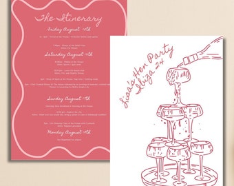 Champagne Pink Wavy Itinerary | Editable Canva Template | Fun Handwritten Style | Perfect for Hen Party or Bachelorette | Instant Download