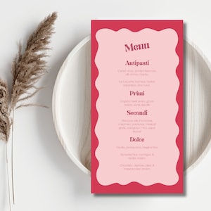 Menús ondulados rosados: plantilla editable de Canva: despedida de soltera/boda, tema moderno, personalizable para invitados, descarga instantánea