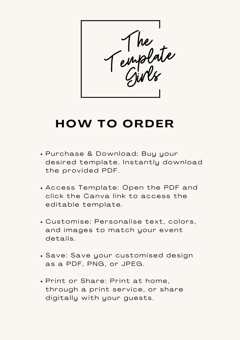 May include: Black and white text on a white background that reads "The Template Girls" in a handwritten font. Below the text is a list of instructions on how to order a template, including purchase, access, customize, save, and print or share.