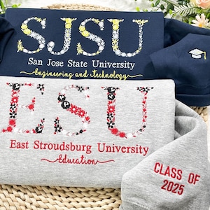 ESU Personalisiertes College-Sweatshirt mit Blumenmuster, Rundhalsausschnitt mit benutzerdefiniertem Blumenbrief, Universitäts-Sweatshirt, Geschenk für Abschlussfeier