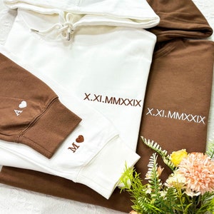 Embroidered Roman Numeral Matching Hoodie, Custom Anniversary Date Couple Hoodies, Custom Initials With Heart Sleeve Jumper, Valentine Gift
