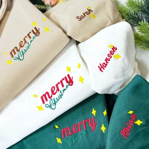 Merry Christmas Embroidered Hoodie Sweatshirt, Christmas Crewneck with Name on Sleeve, Holiday Sweashirts for Women, Custom Xmas Gift