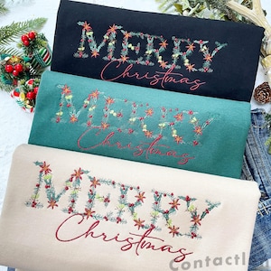 Embroidered Floral Merry Christmas Sweatshirt, Embroidered Christmas Crewneck Sweatshirt, Embroidered Floral Sweater, Custom Xmas Gift