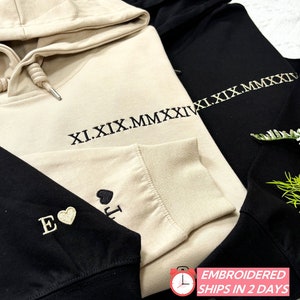 Custom Embroidered Roman Numeral Hoodie, Personalized Gift Date Hoodie Initial on Sleeve,Anniversary Date, Wedding Date, Valentines Day Gift
